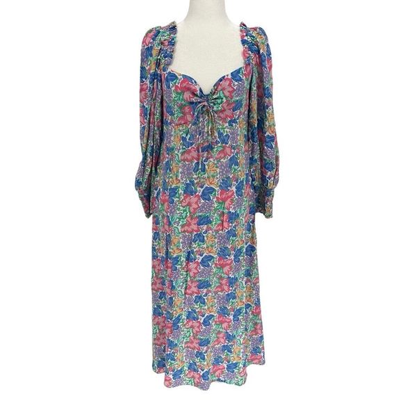 Faithfull The Brand Mathilde Floral Square Neckline Puff Sleeve Smock Dress Sz 8 - Picture 2 of 9